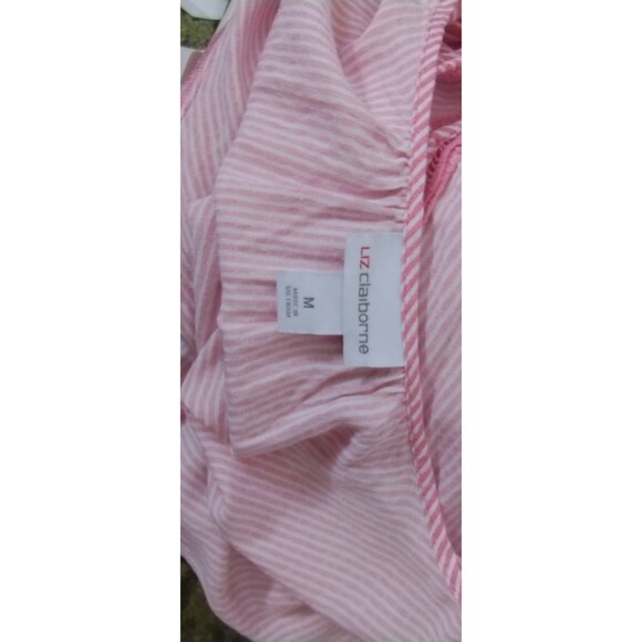 LIZ Clayborne Top Women's M Long Gathered Sleeve VNeck Popover Pink White Stripe - Picture 8 of 10